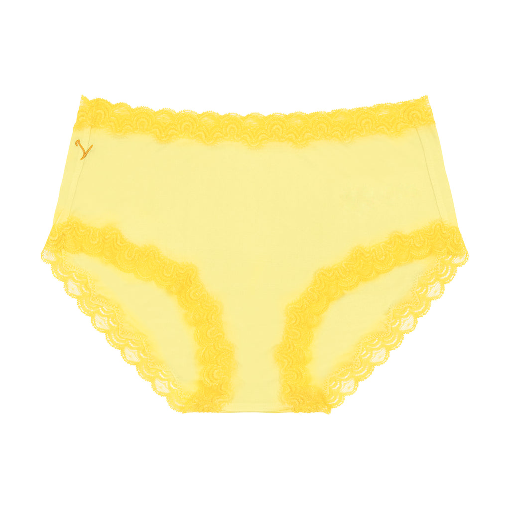 Still life of Uwila Warrior Soft Silks Briefs Underwear in Lemon Zest on White Background